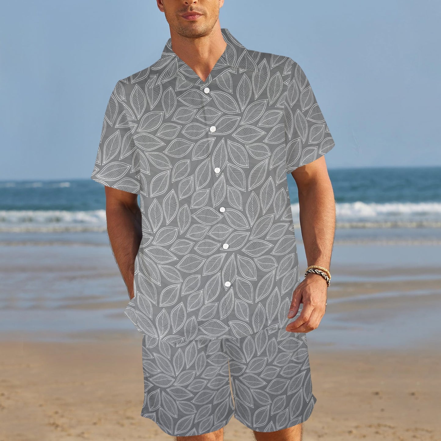 Elm Leave Grey Print Pattern Men's Beach Shirt and Shorts Set