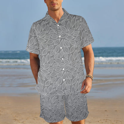 Elm Leave Grey Print Pattern Men's Beach Shirt and Shorts Set