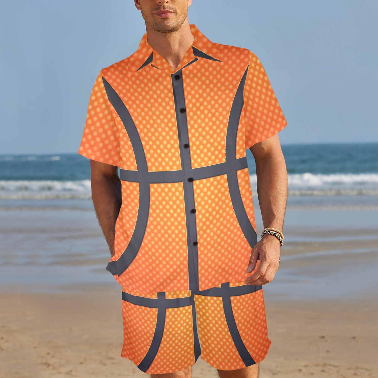 Basketball Texture Print Pattern Men's Beach Shirt and Shorts Set