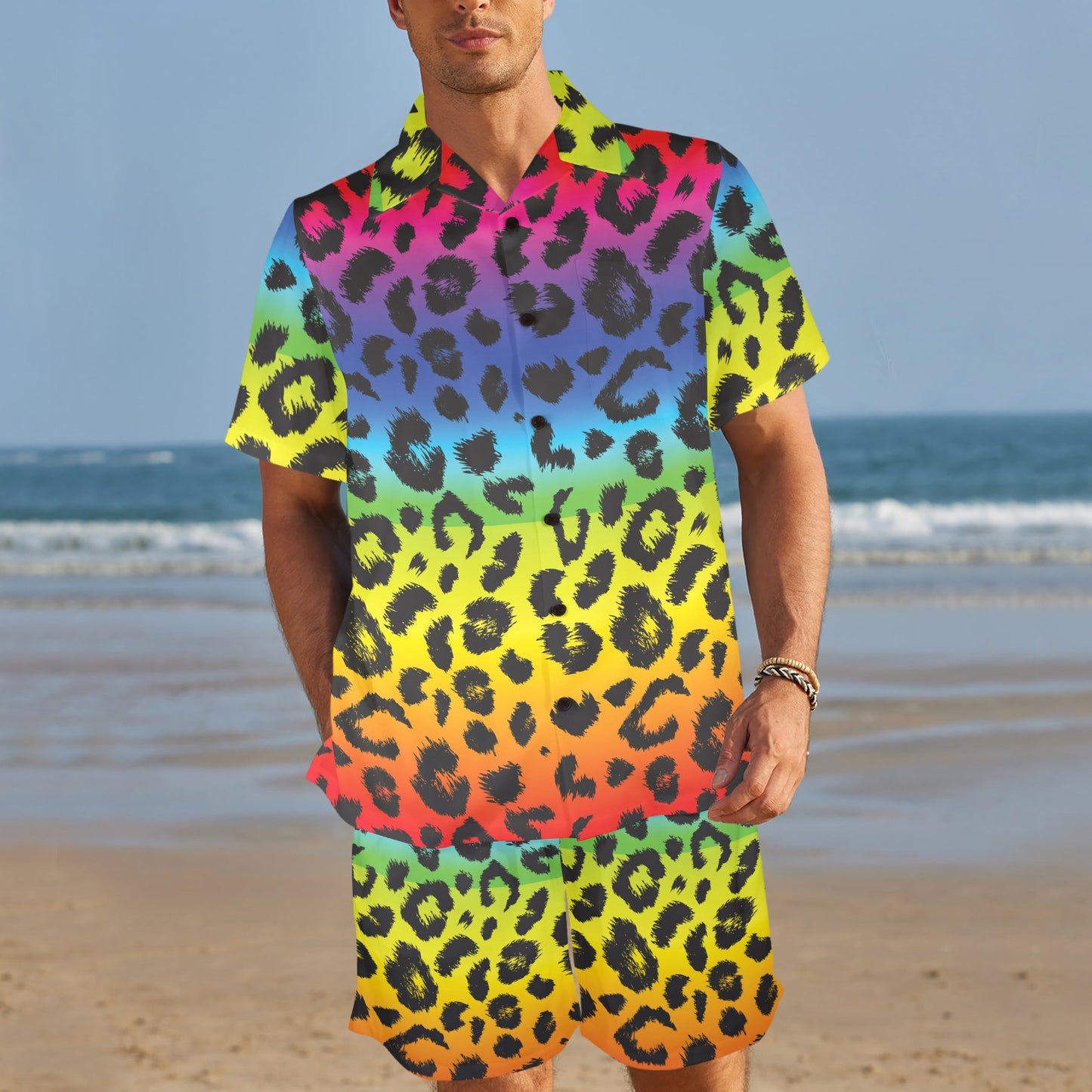 Rainbow Leopard Pattern Print Design A01 Men's Beach Shirt and Shorts Set