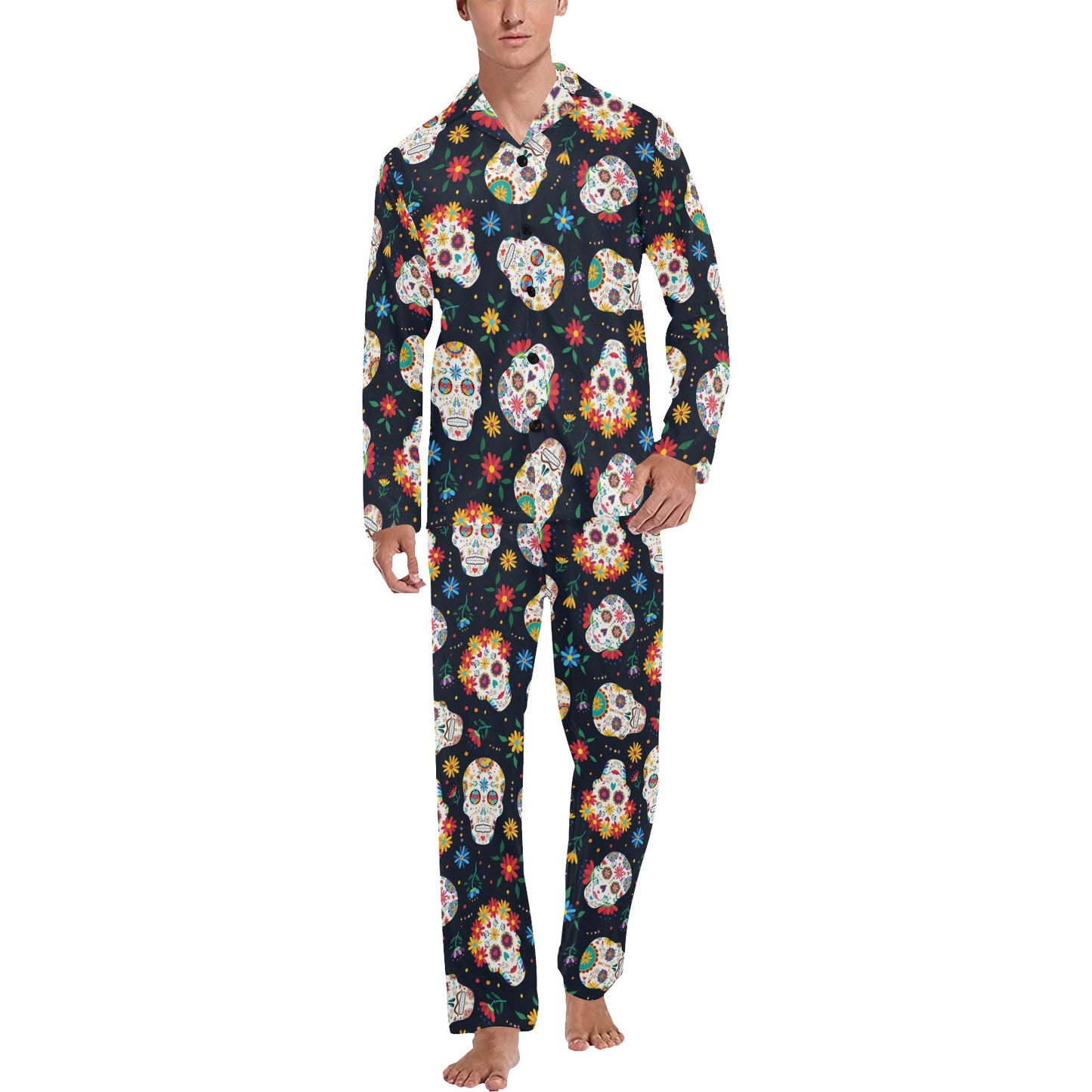 Sugar Skull Print Design LKS305 Men's Long Pajama Set