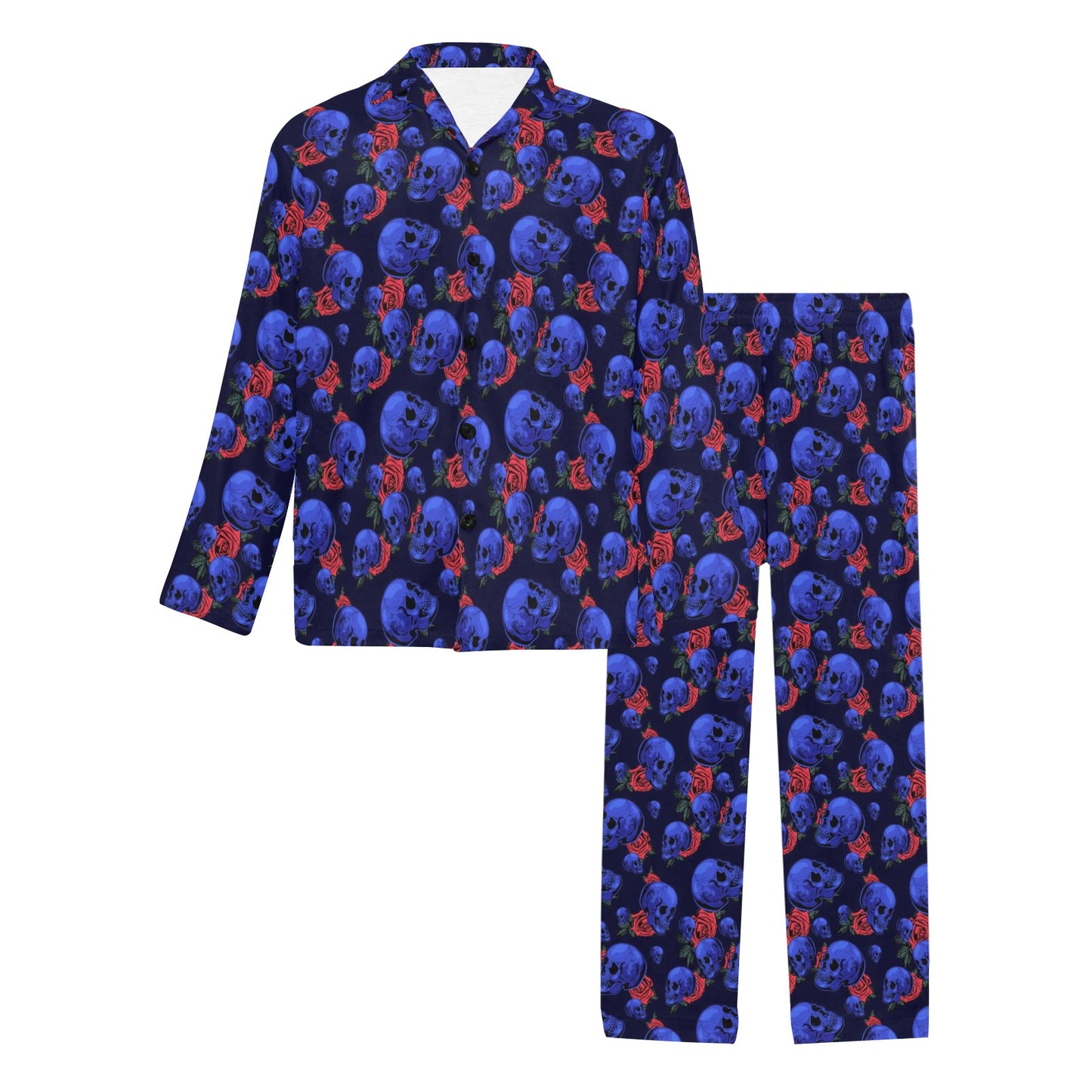 Skull Roses Neon Design Themed Print Men's Long Pajama Set