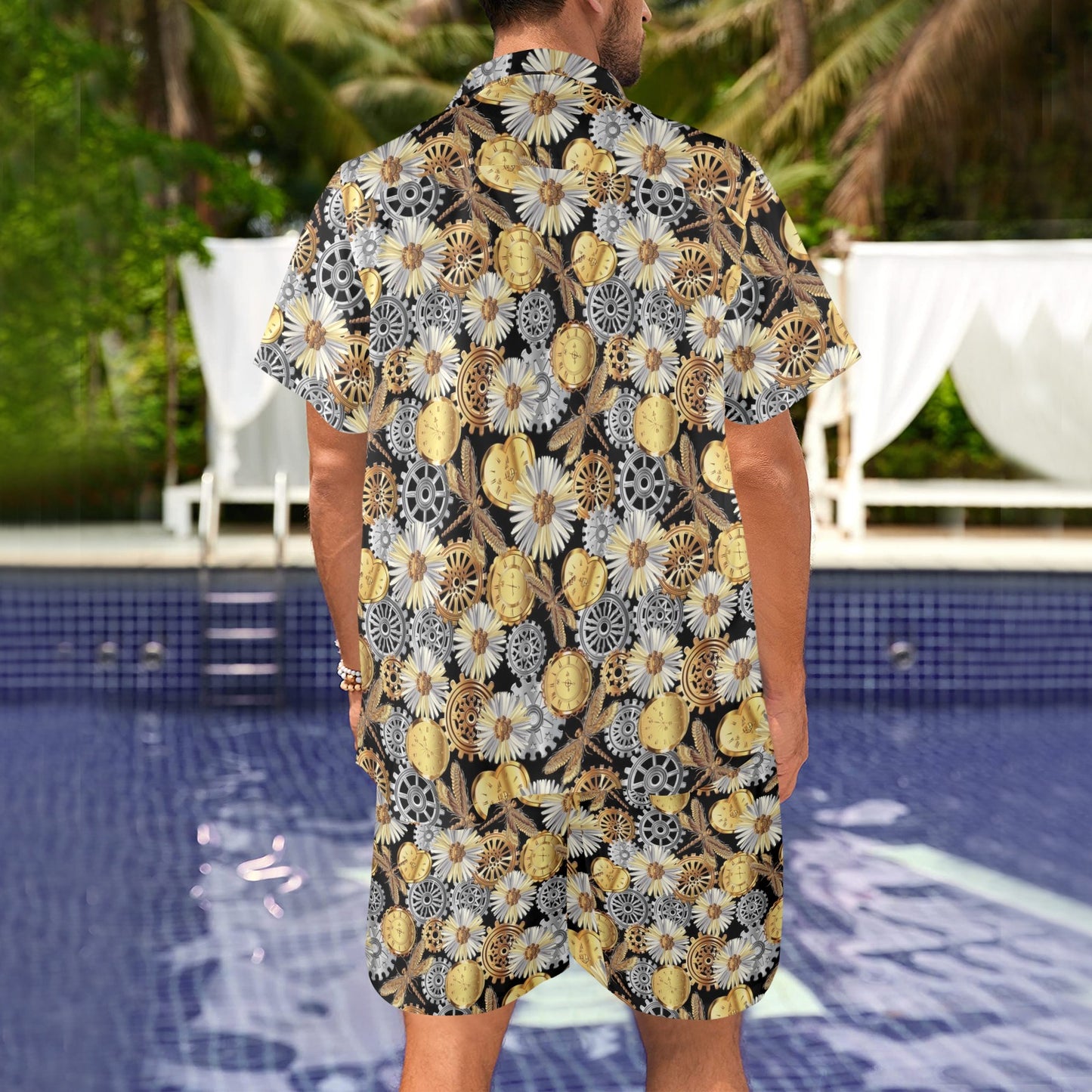 Steampunk Dragonfly Print Design LKS302 Men's Beach Shirt and Shorts Set