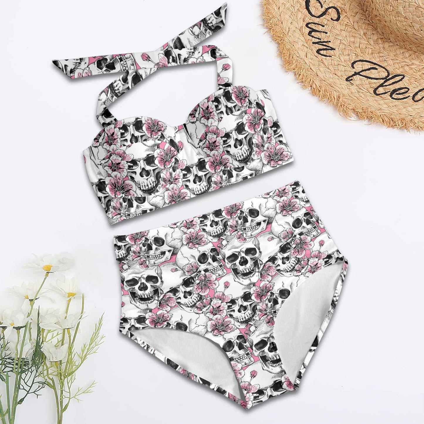 Cherry Blossom Pattern Print Design CB03 Halter Neck Bikini Swimsuit