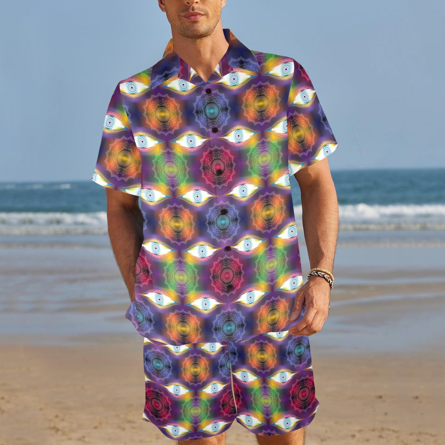Chakra Eye Print Pattern Men's Beach Shirt and Shorts Set