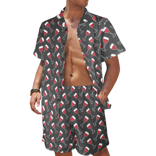 Wine Print Design LKS308 Men's Beach Shirt and Shorts Set