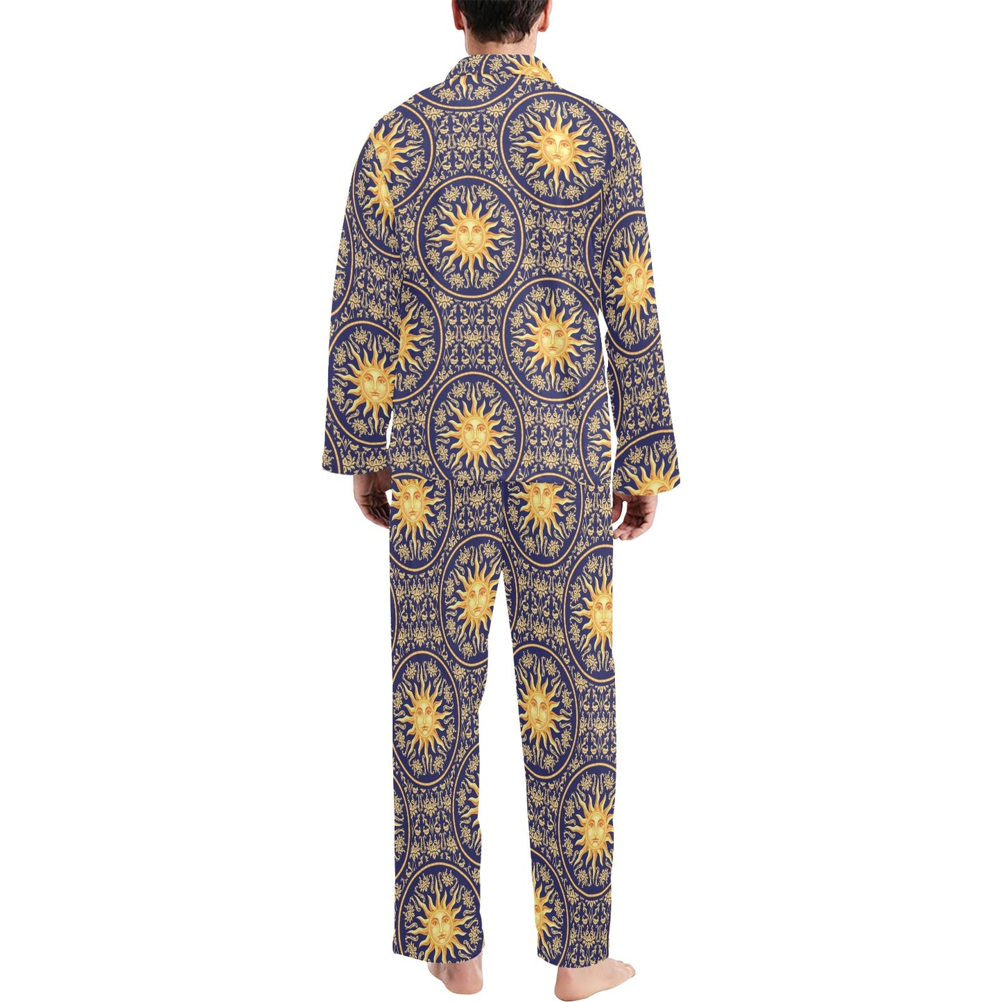Celestial Gold Sun Face Men's Long Pajama Set