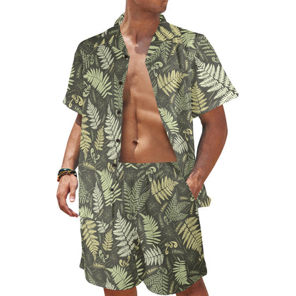 Fern Leave Green Print Pattern Men's Beach Shirt and Shorts Set