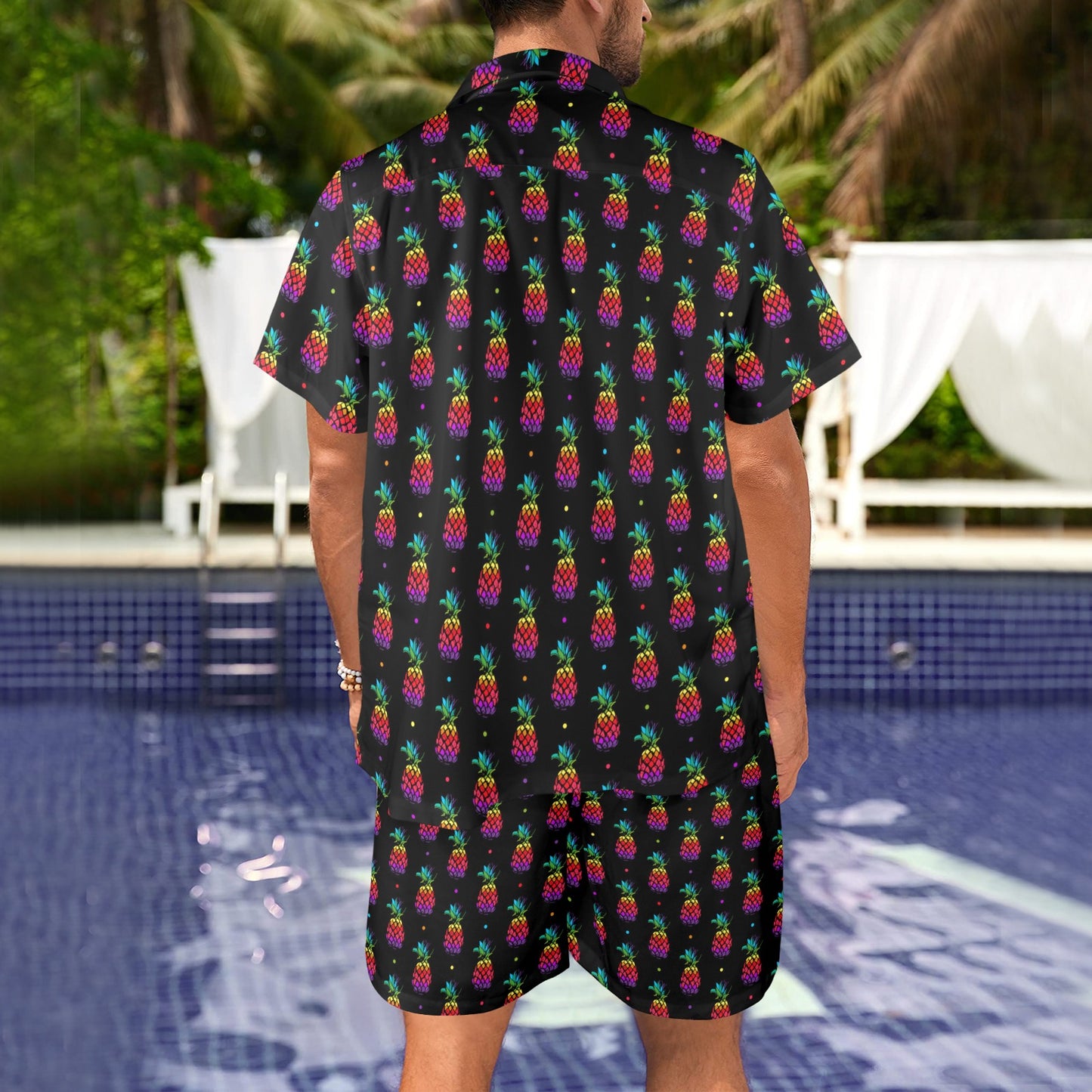 Pineapple Rainbow Dot Print Men's Beach Shirt and Shorts Set