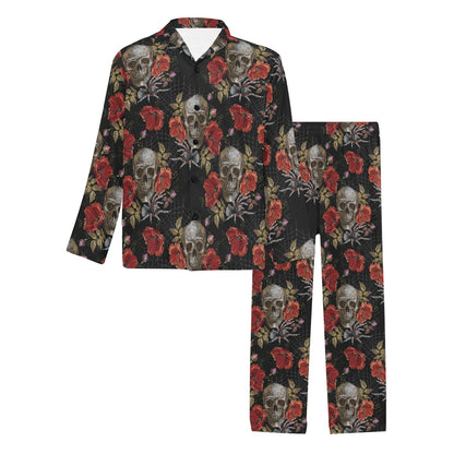 Spider Web Skull Rose Print Design LKS305 Men's Long Pajama Set