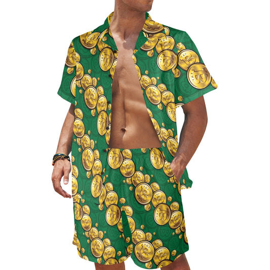 Bitcoin Pattern Print Design DO02 Men's Beach Shirt and Shorts Set