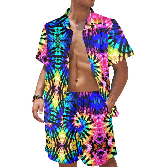 Tie Dye Rainbow Design Print Men's Beach Shirt and Shorts Set