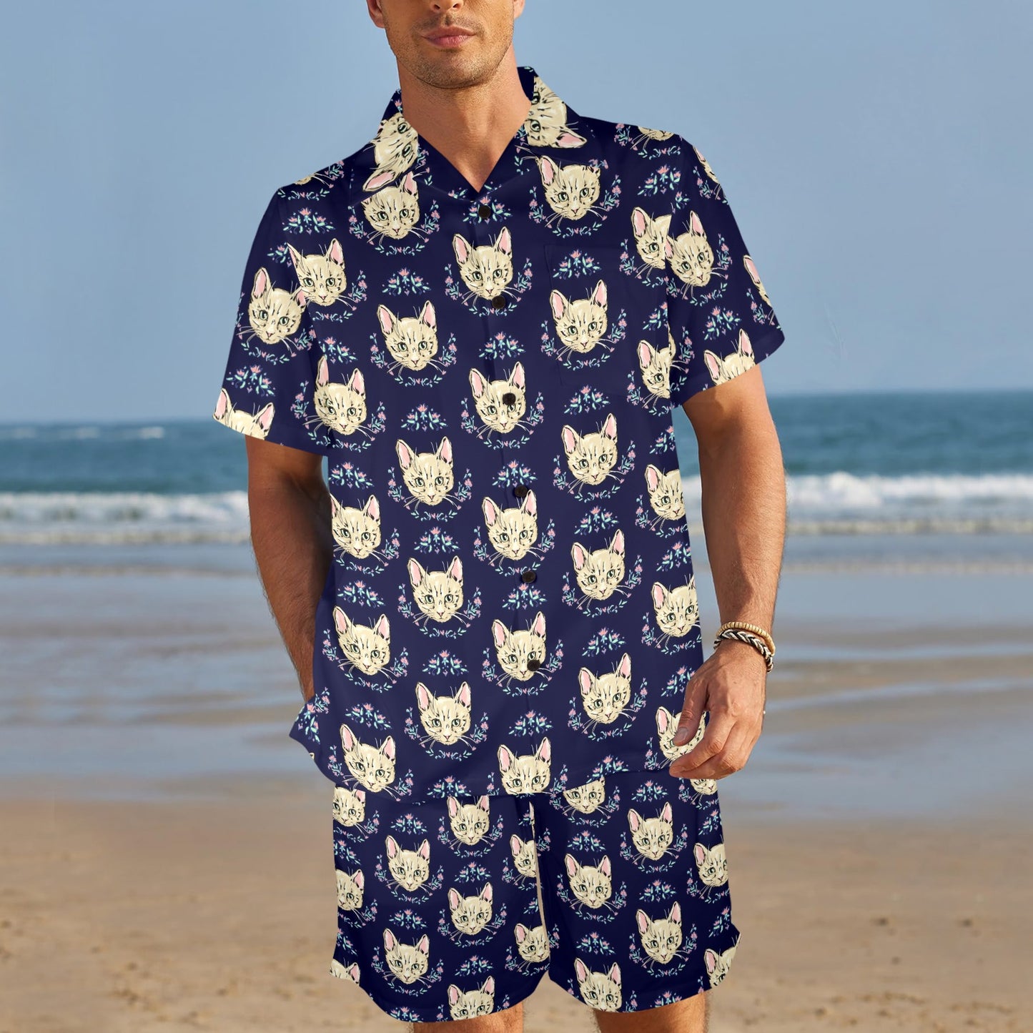 Cat Head with flower Print Pattern Men's Beach Shirt and Shorts Set