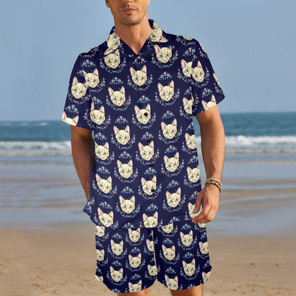 Cat Head with flower Print Pattern Men's Beach Shirt and Shorts Set
