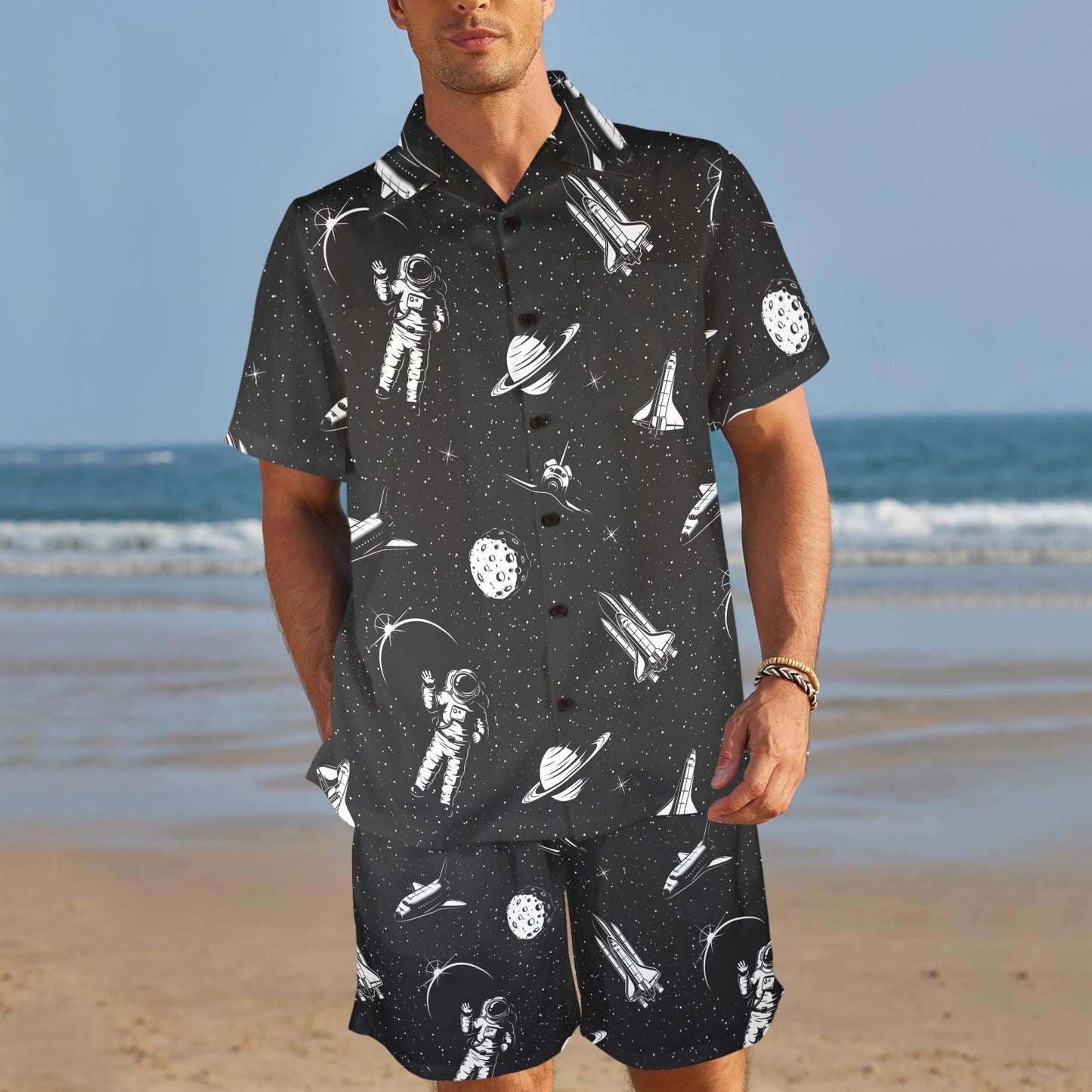 Space Pattern Men's Beach Shirt and Shorts Set