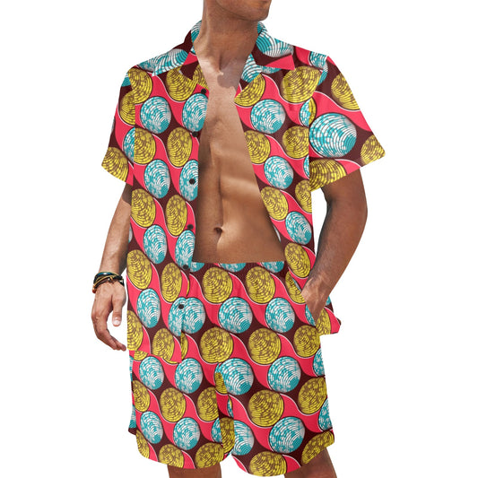 African Fashion Print Pattern Men's Beach Shirt and Shorts Set
