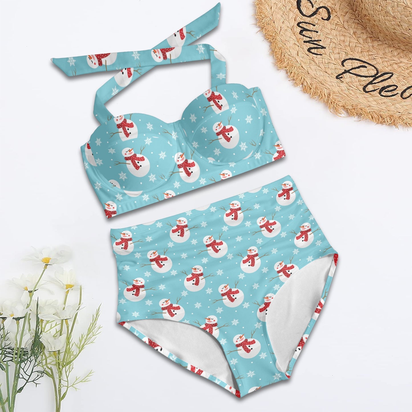 Snowman Print Design LKS304 Halter Neck Bikini Swimsuit