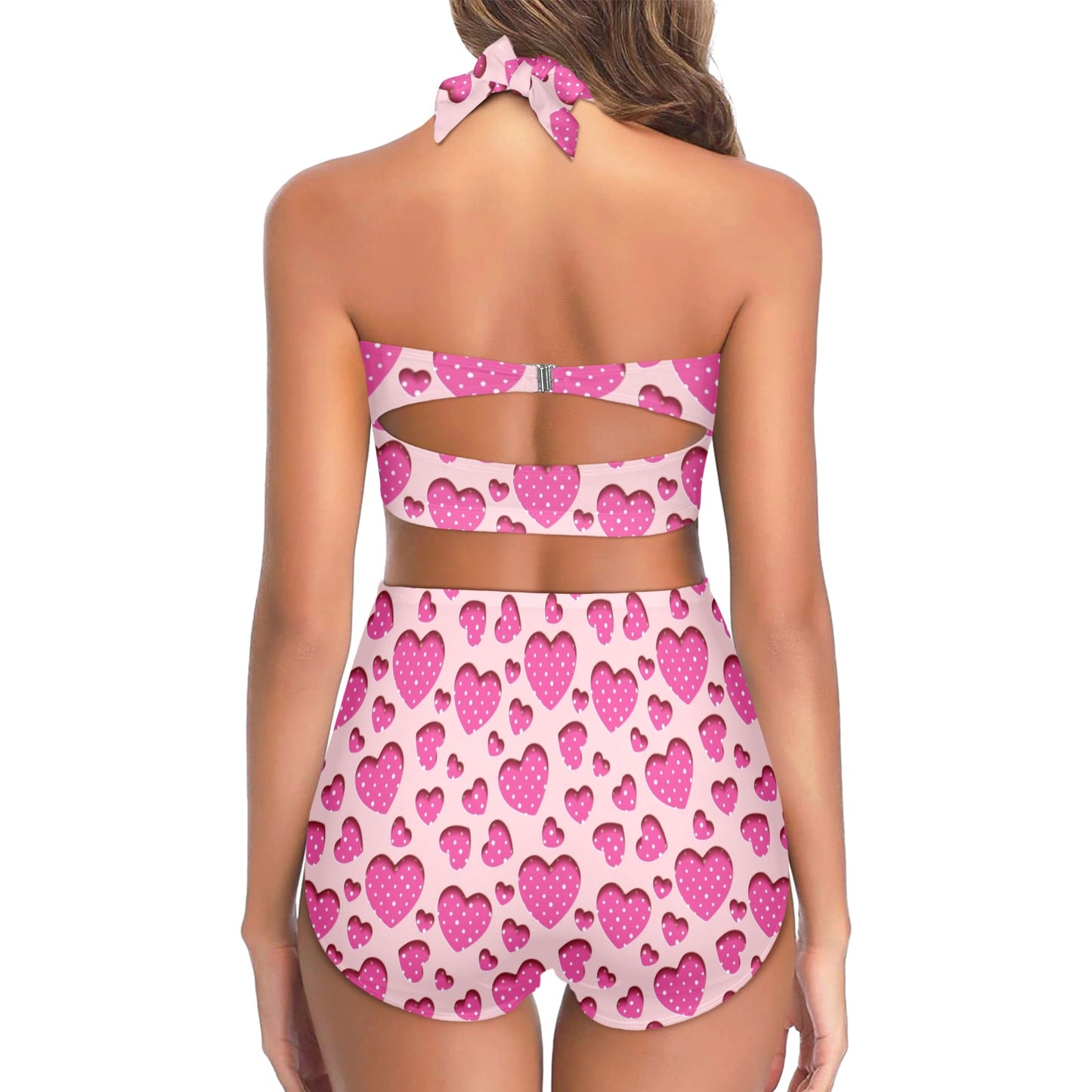 Heart Pink Pattern Print Design HE06 Halter Neck Bikini Swimsuit