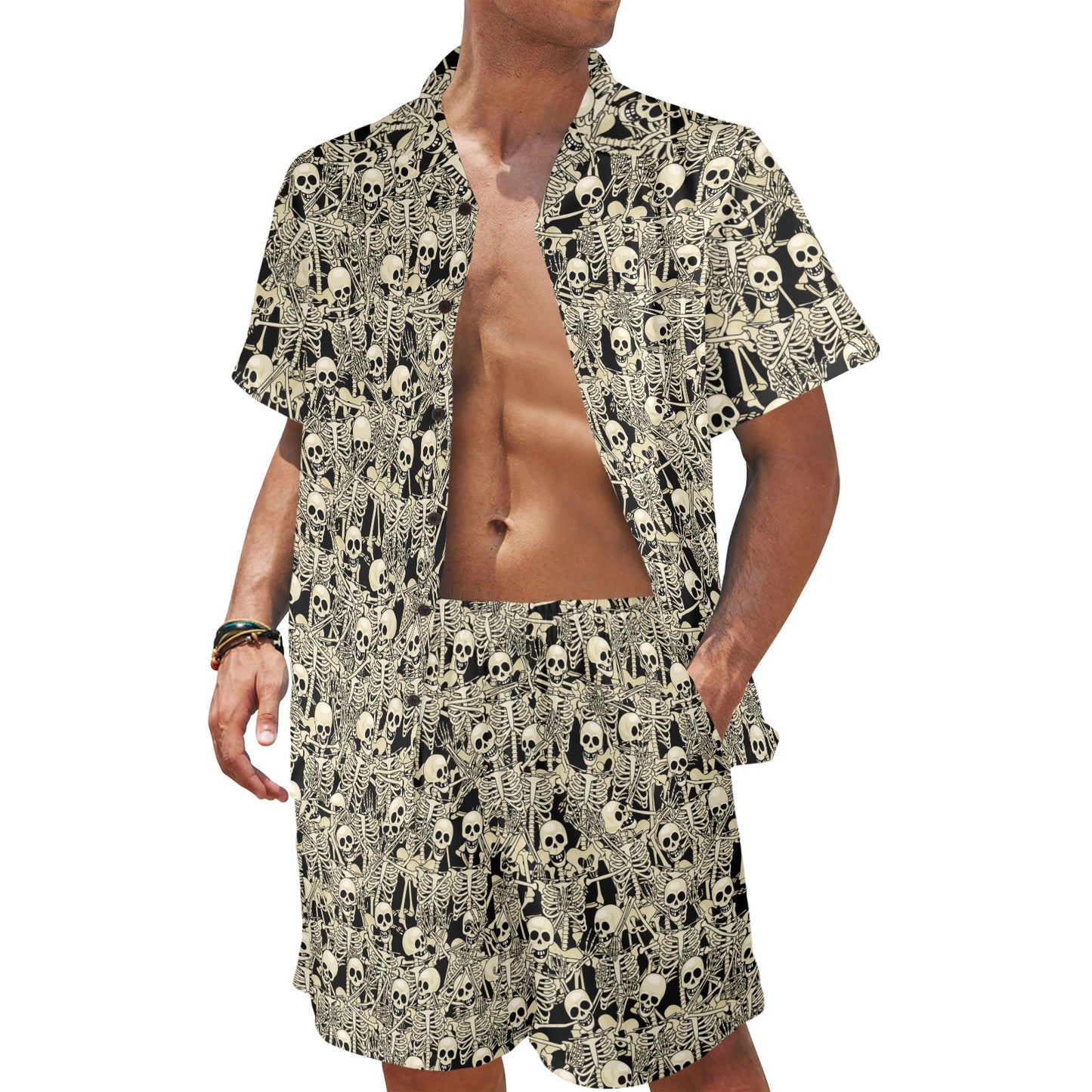 Skeleton Design Print Men's Beach Shirt and Shorts Set