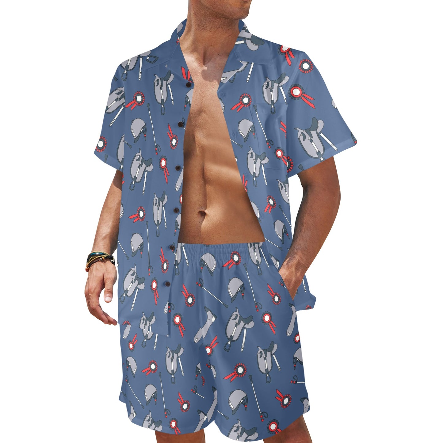 Equestrian Equipment Background Men's Beach Shirt and Shorts Set