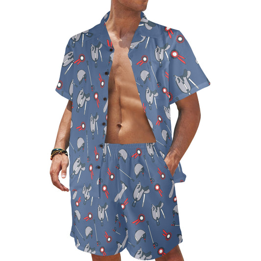 Equestrian Equipment Background Men's Beach Shirt and Shorts Set