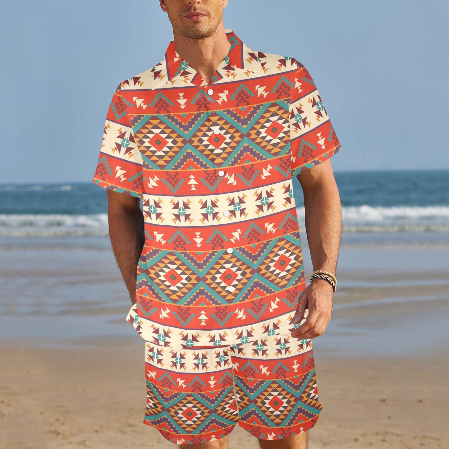 Aztec Red Print Pattern Men's Beach Shirt and Shorts Set