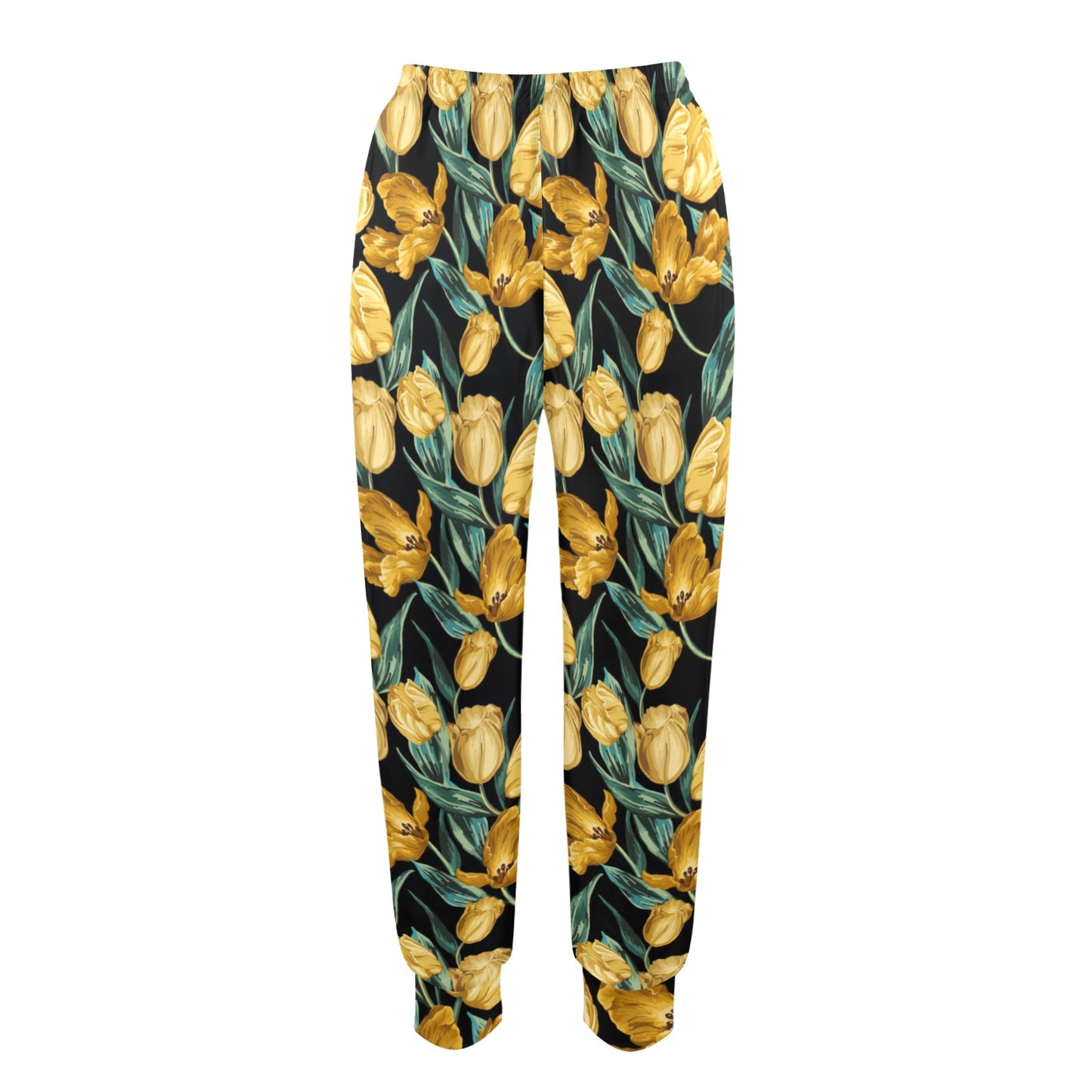 Elegant Yellow Tulip Print Women's Casual Track Pants