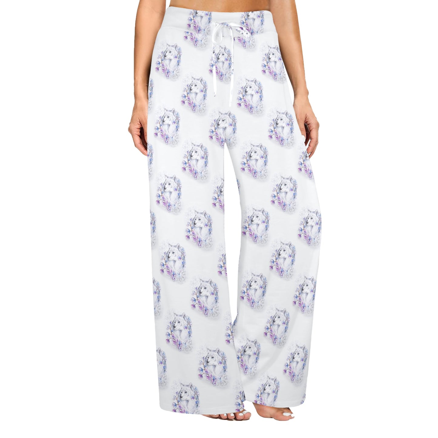 Wolf with Flower Print Design Women's Wide Leg Lounge Pants