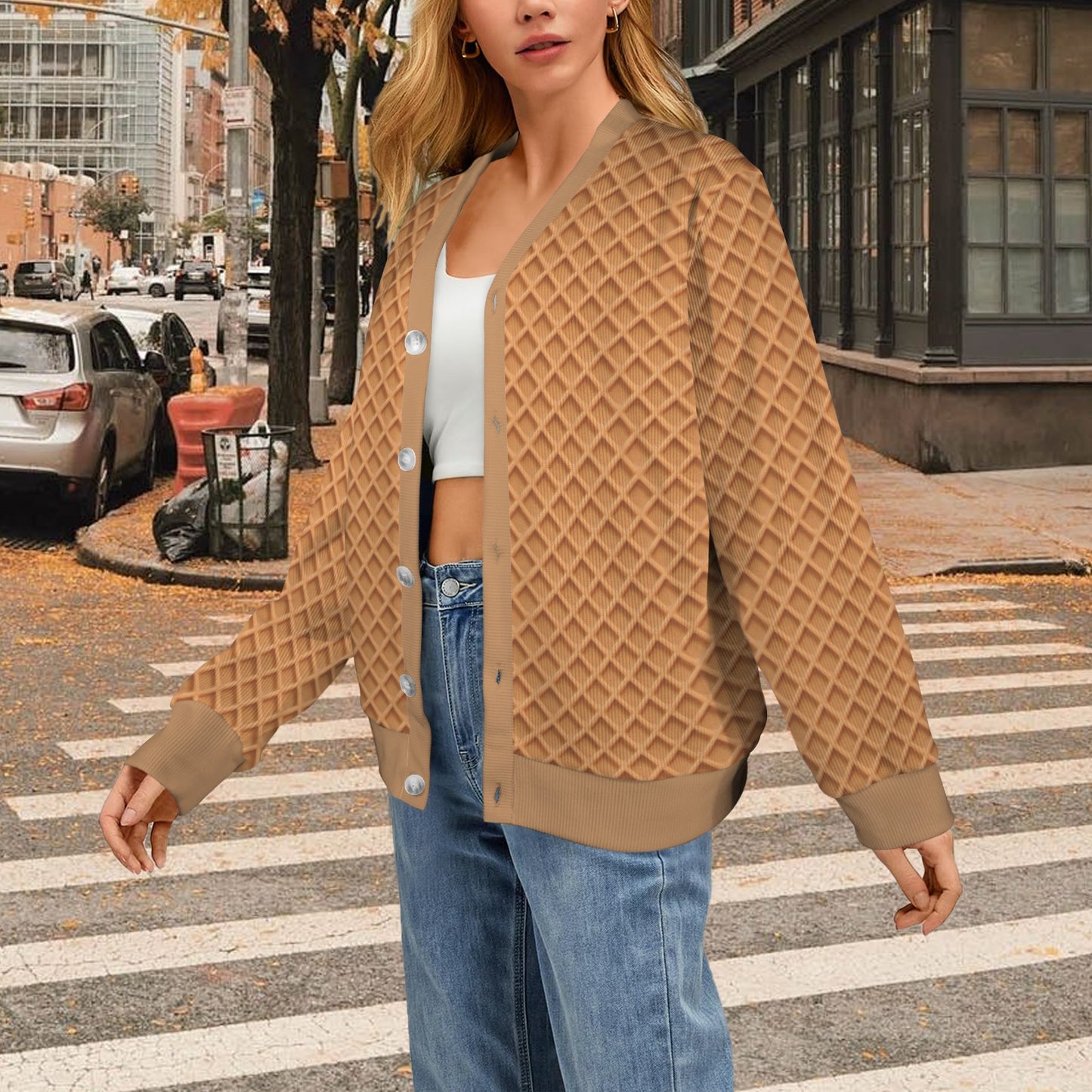 Waffle Texture Print Design LKS301 Women's Cardigan