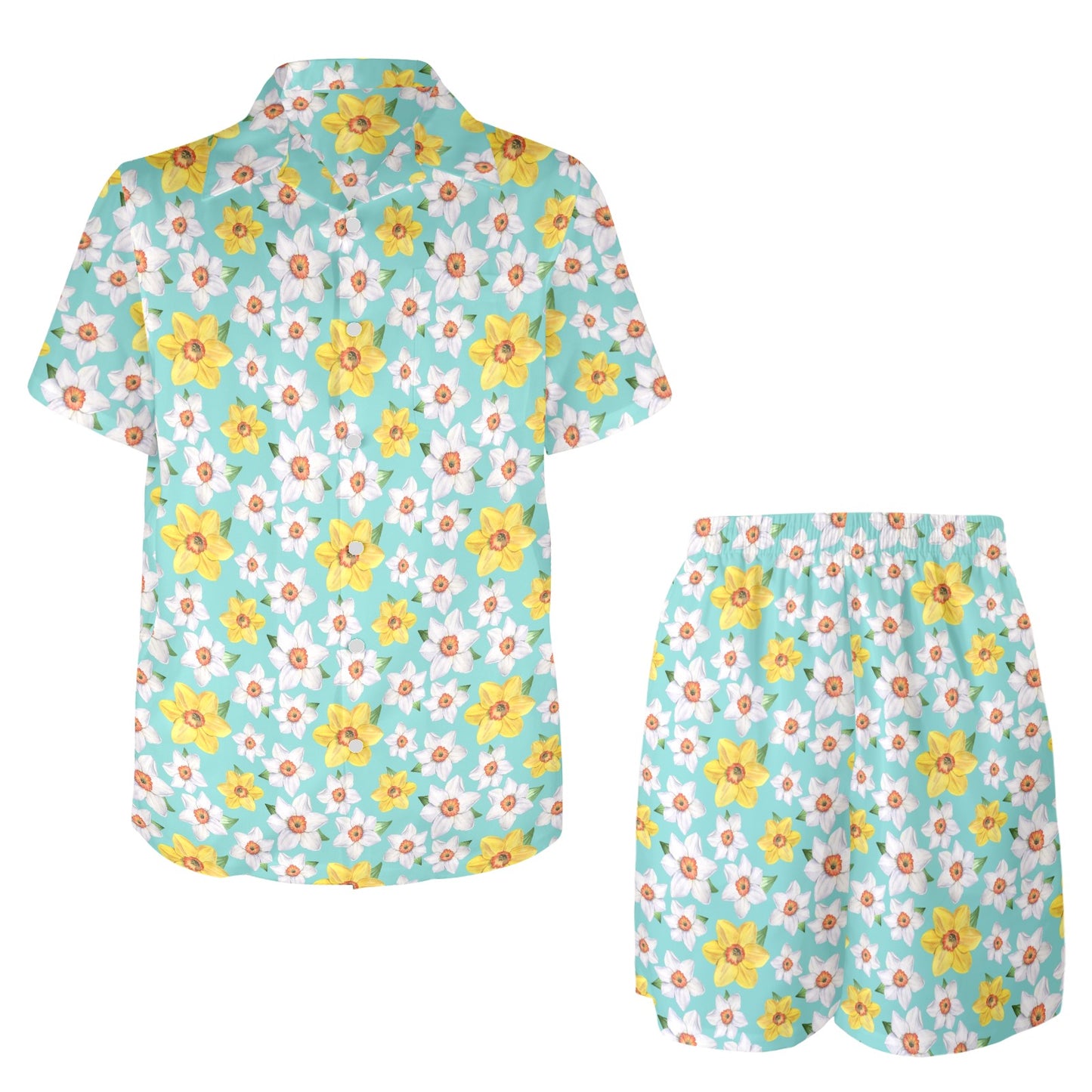 Daffodils Pattern Print Design 02 Men's Beach Shirt and Shorts Set