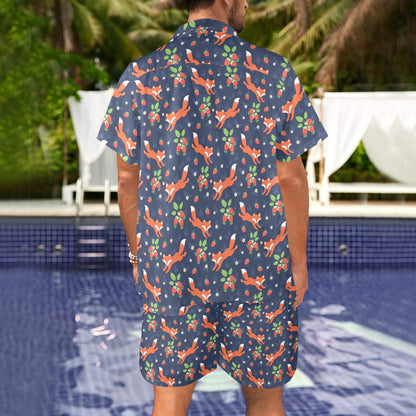 Fox Strawberry Print Pattern Men's Beach Shirt and Shorts Set