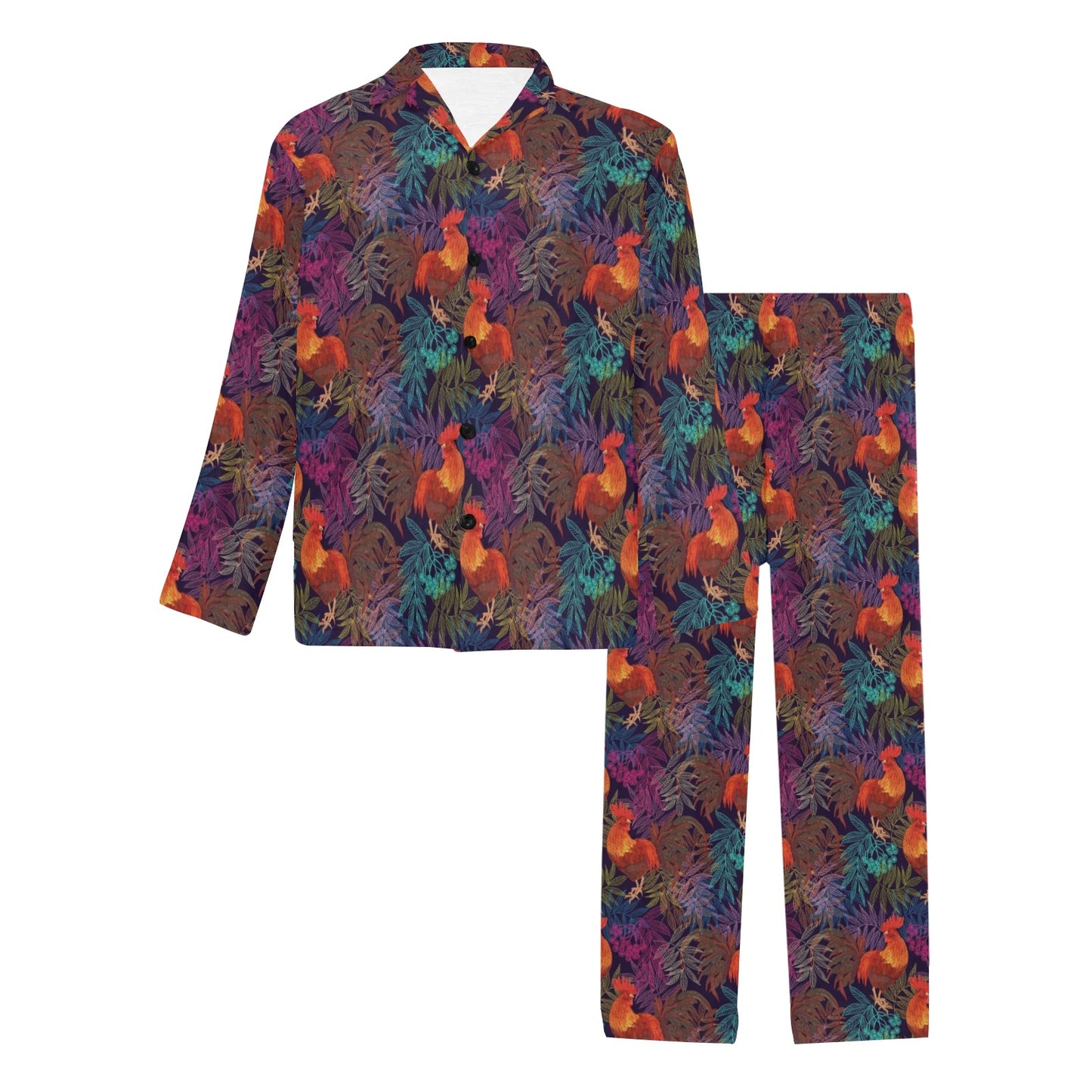 Rooster Print Style Men's Long Pajama Set