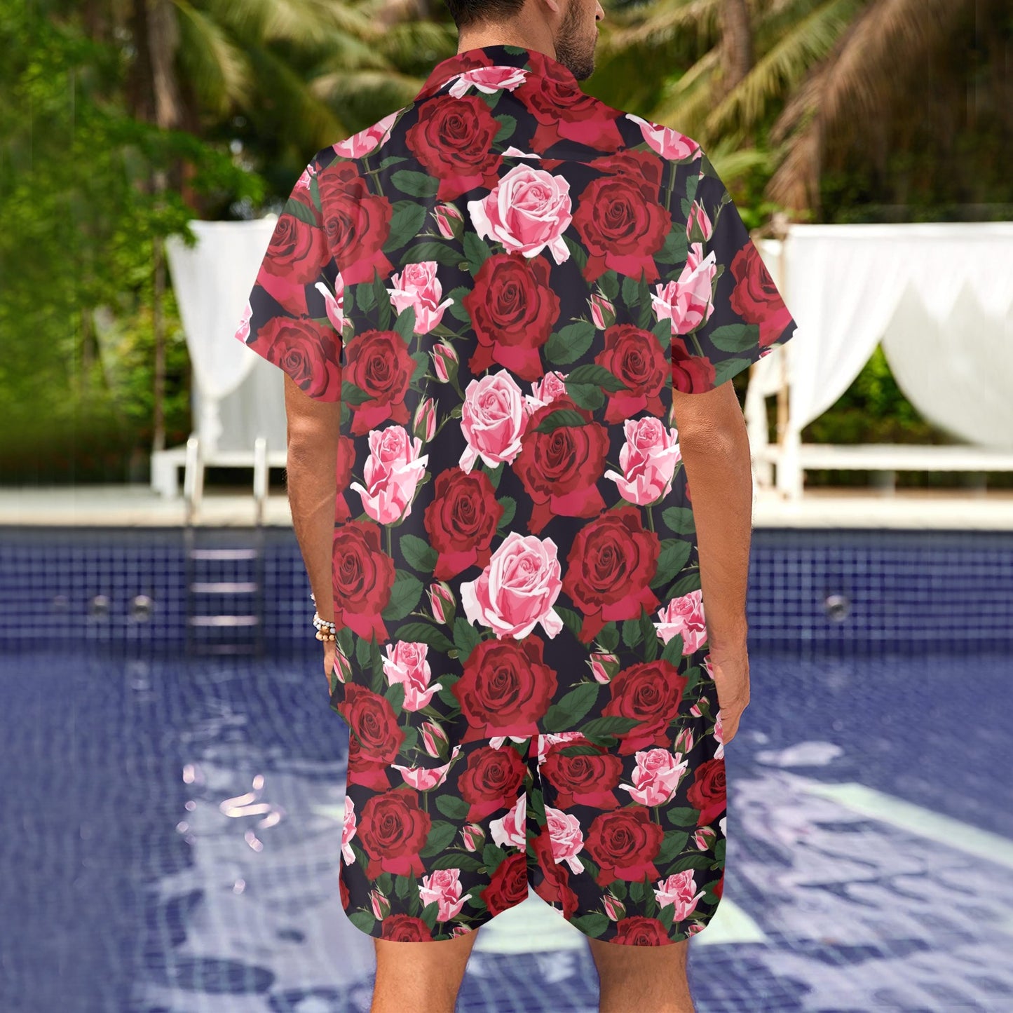 Rose Red Pink Pattern Print Design RO01 Men's Beach Shirt and Shorts Set