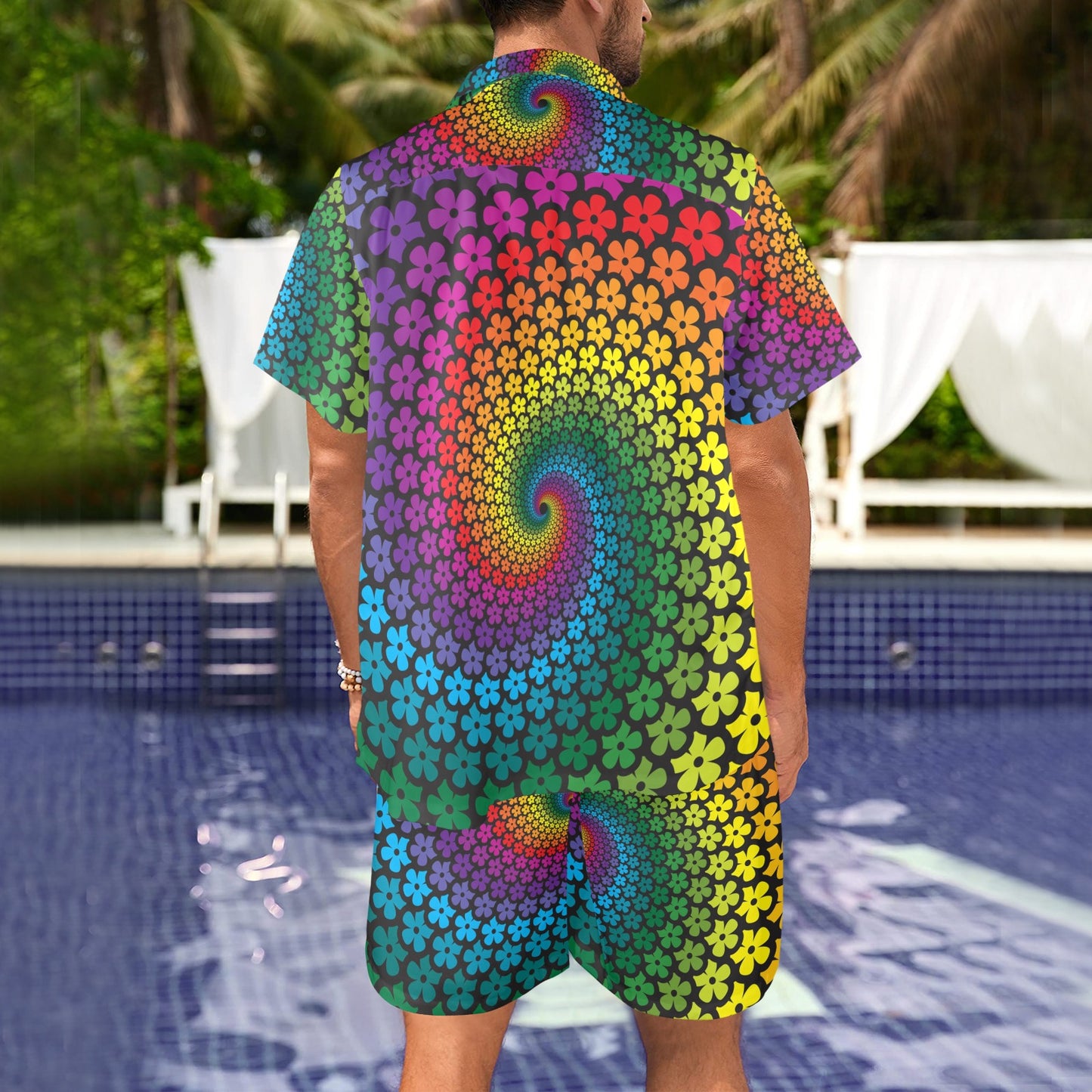 Flower Power Rainbow Spiral Print Men's Beach Shirt and Shorts Set