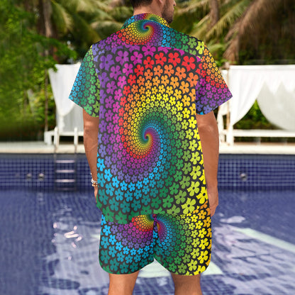 Flower Power Rainbow Spiral Print Men's Beach Shirt and Shorts Set