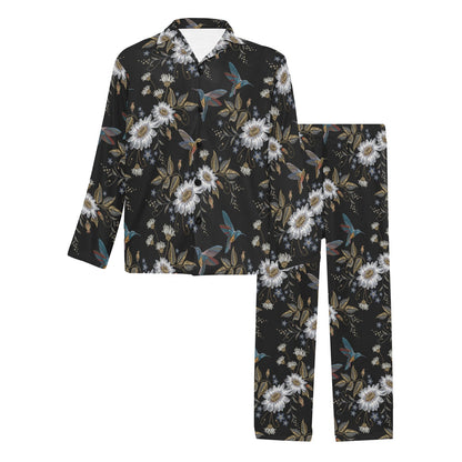 Hummingbird with Embroidery Themed Print Men's Long Pajama Set