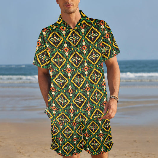 Kente Green Design African Print Men's Beach Shirt and Shorts Set