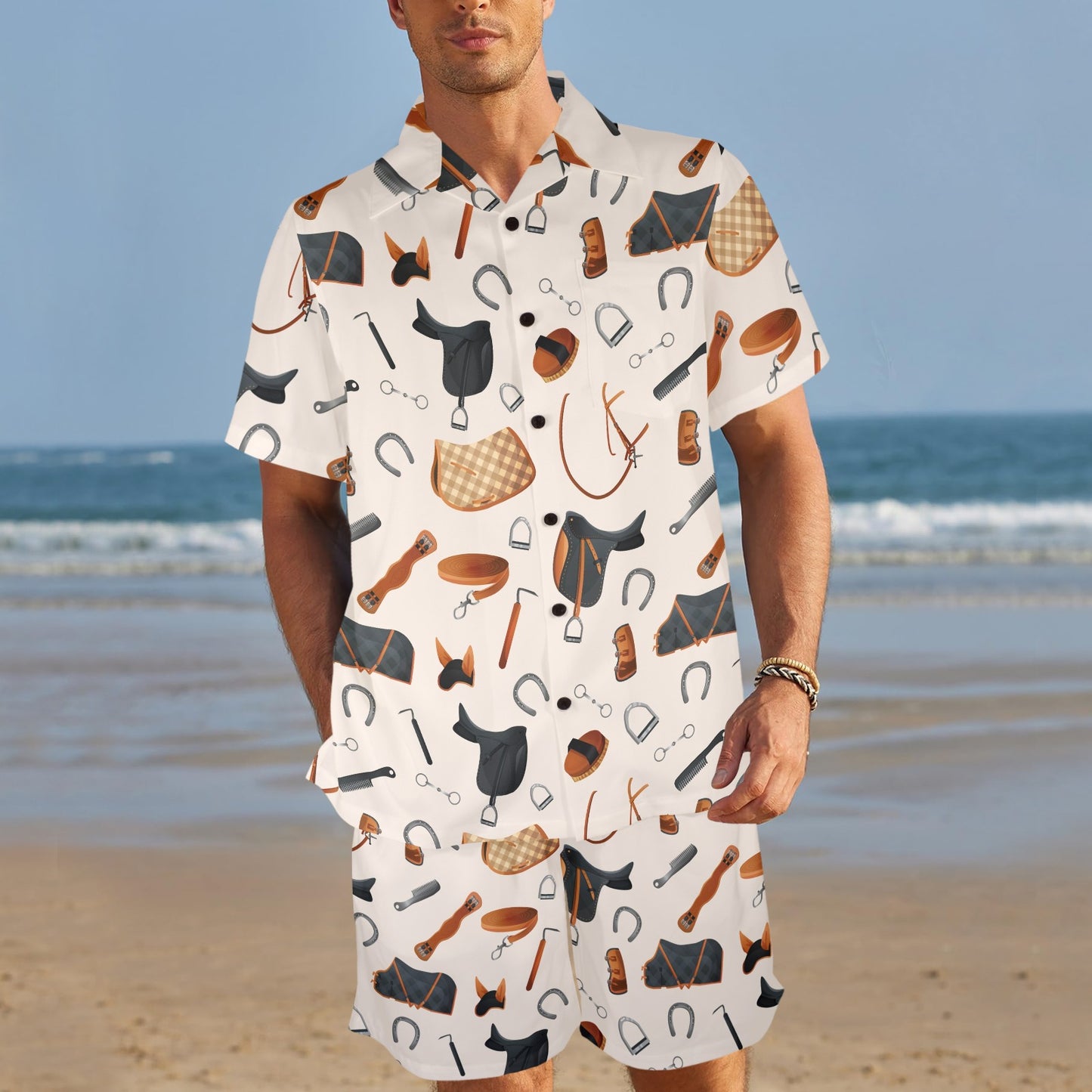 Equestrian Equipment Print Pattern Men's Beach Shirt and Shorts Set