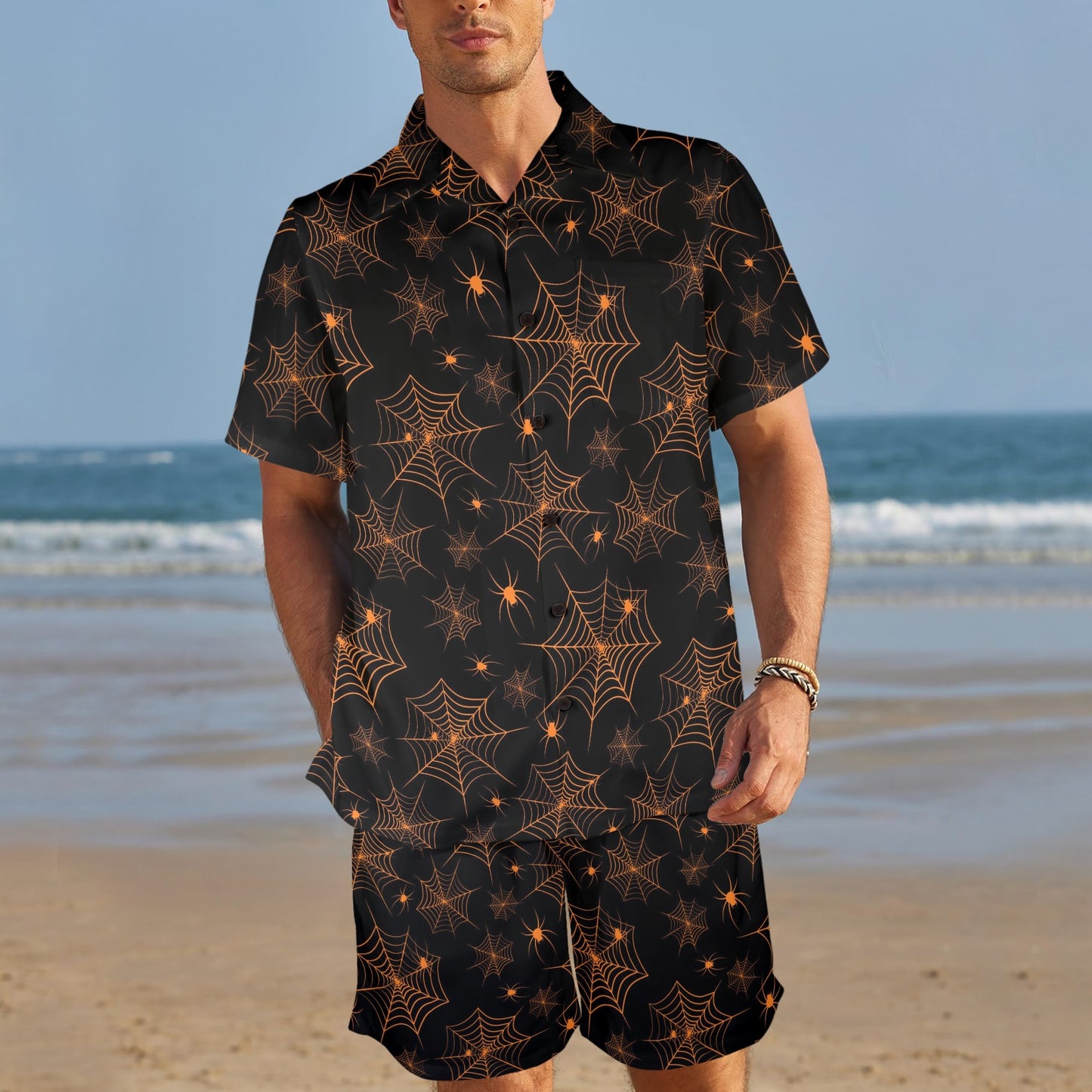 Spider Web Print Design LKS306 Men's Beach Shirt and Shorts Set