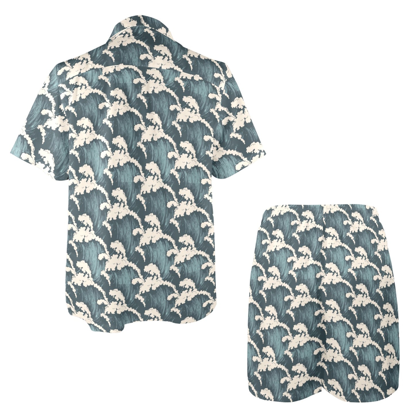 Wave Art Print Men's Beach Shirt and Shorts Set