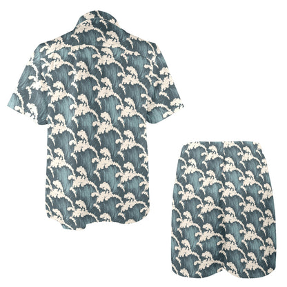 Wave Art Print Men's Beach Shirt and Shorts Set