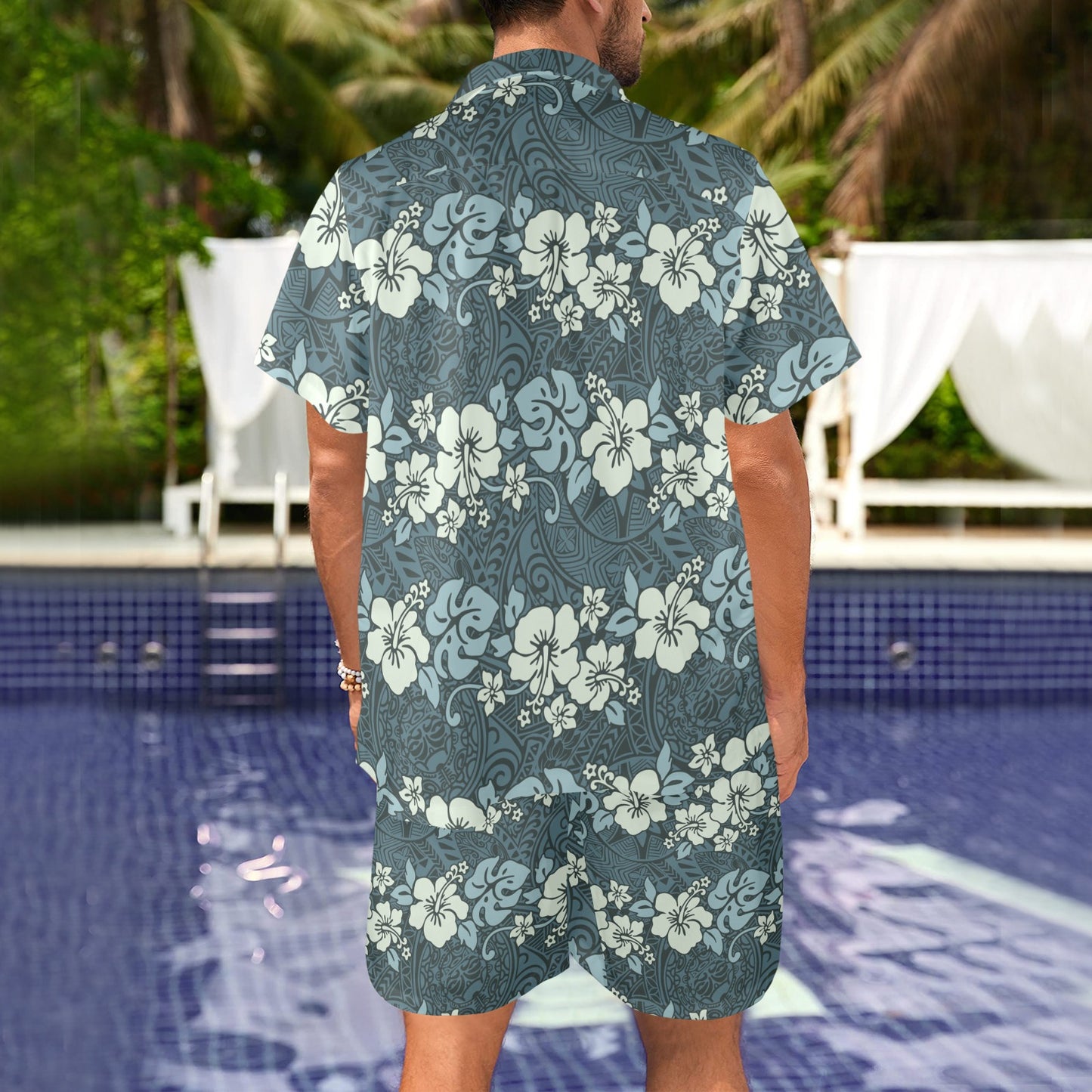 Flower Hawaiian Hibiscus Style Print Pattern Men's Beach Shirt and Shorts Set