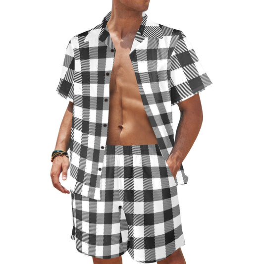 Buffalo check Black white Pattern Print Design 04 Men's Beach Shirt and Shorts Set
