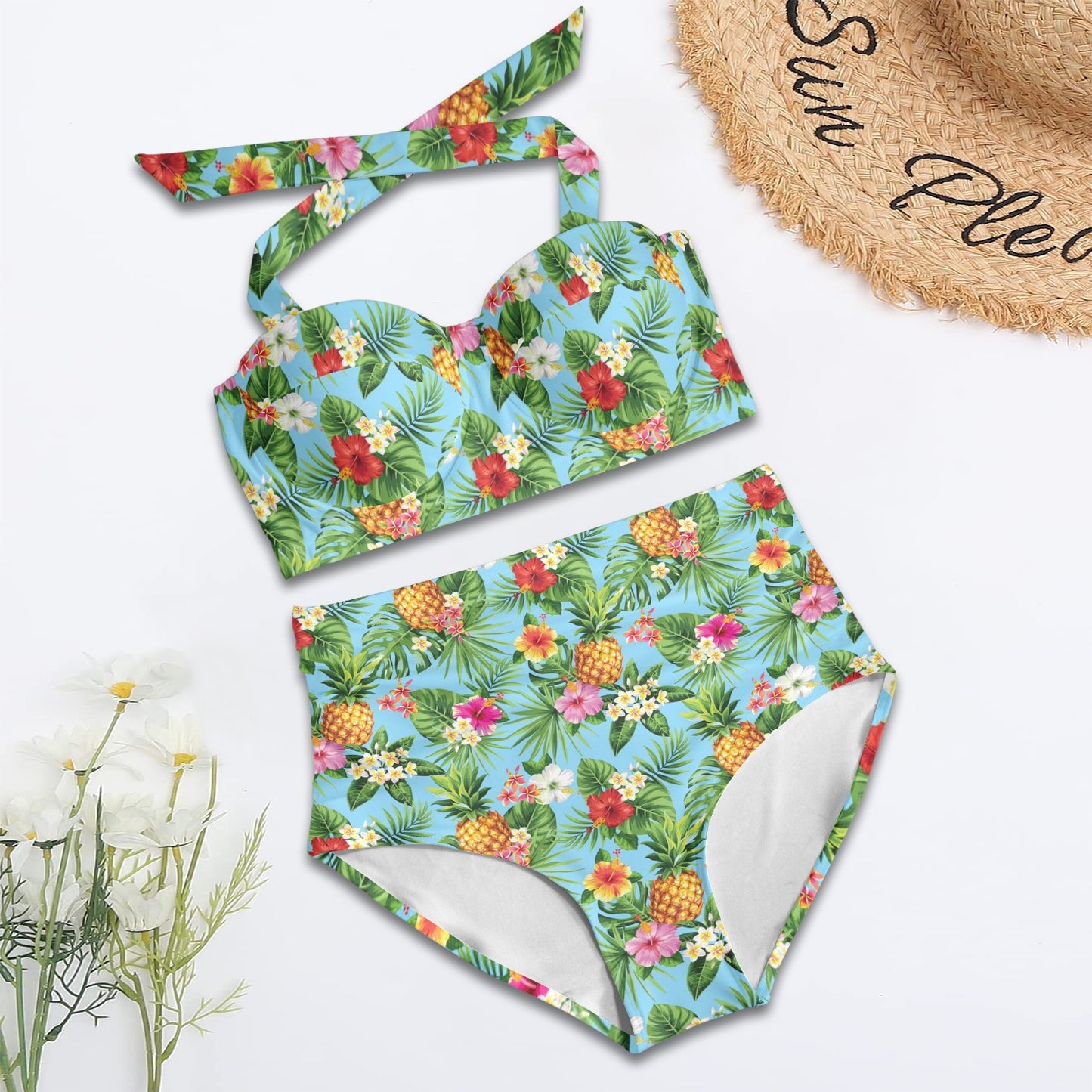 Pineapple Hawaiian flower Tropical Halter Neck Bikini Swimsuit