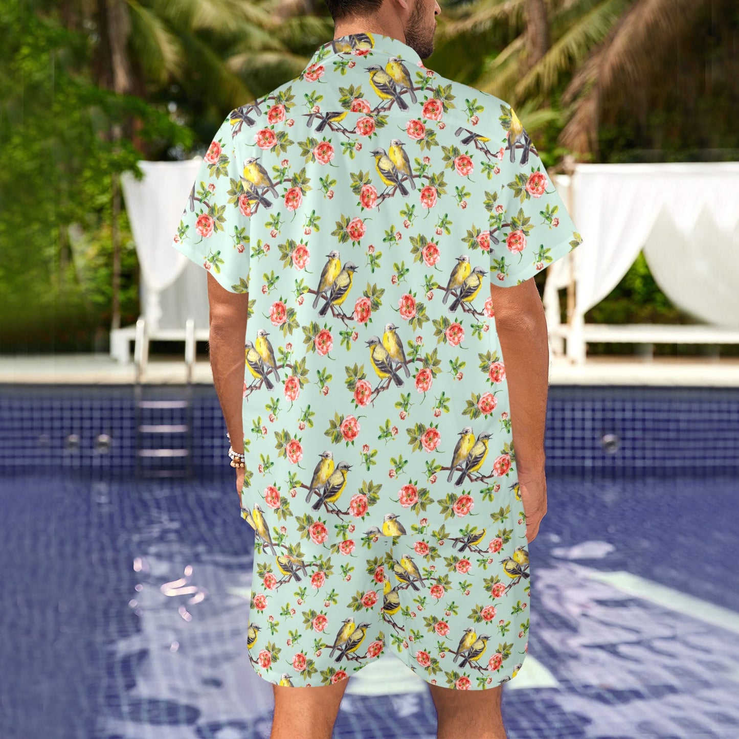 Bird with Red Flower Print Pattern Men's Beach Shirt and Shorts Set