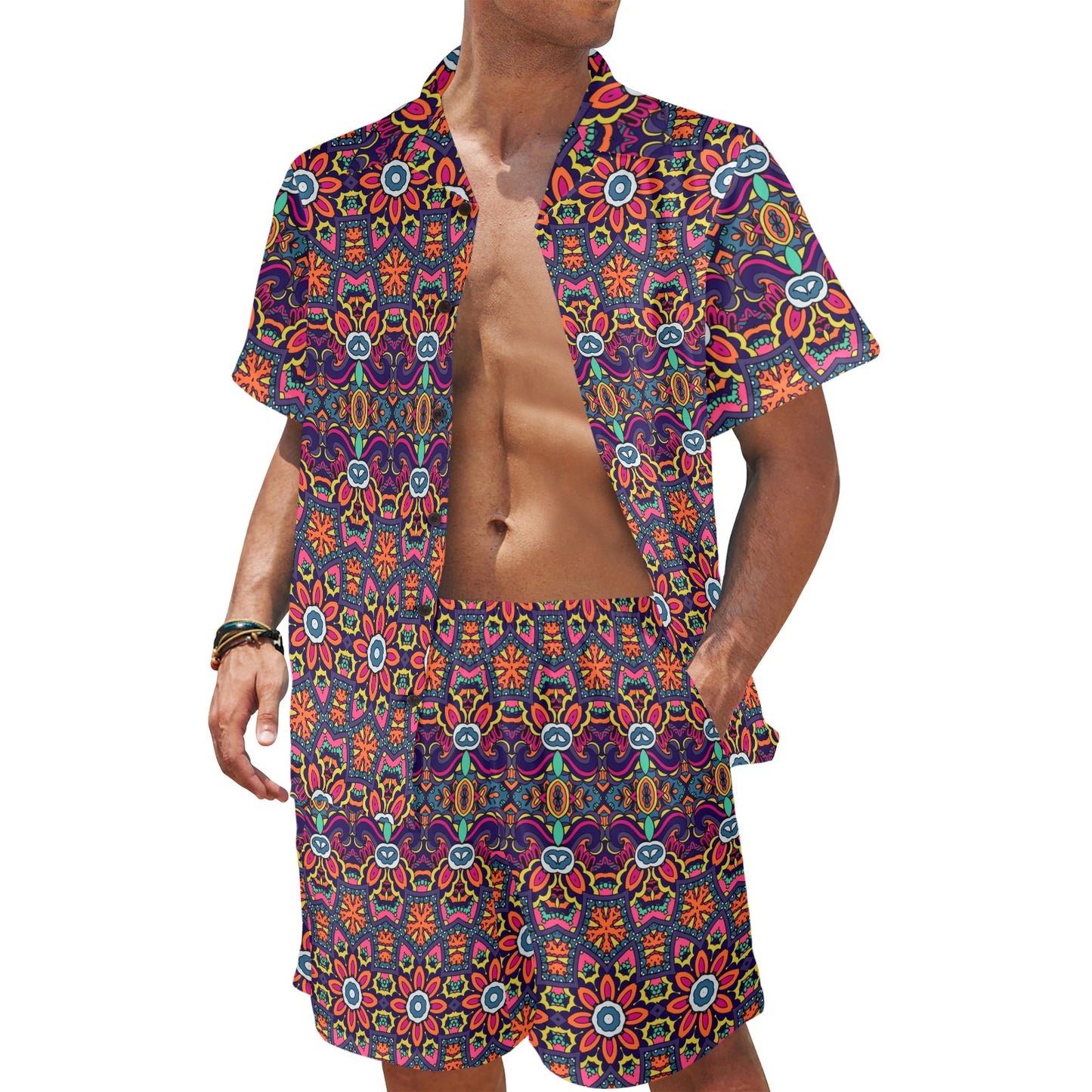 Ethnic Flower Style Print Pattern Men's Beach Shirt and Shorts Set