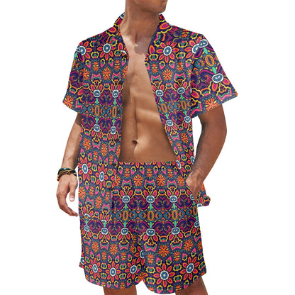 Ethnic Flower Style Print Pattern Men's Beach Shirt and Shorts Set