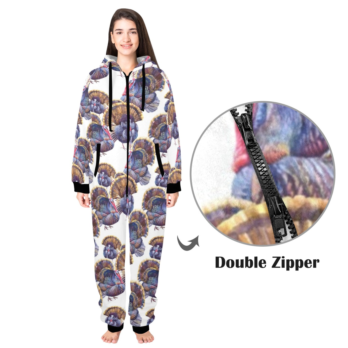 Turkey Pattern Print Design 01 Hooded Fleece Onesie Pajama Jumpsuit