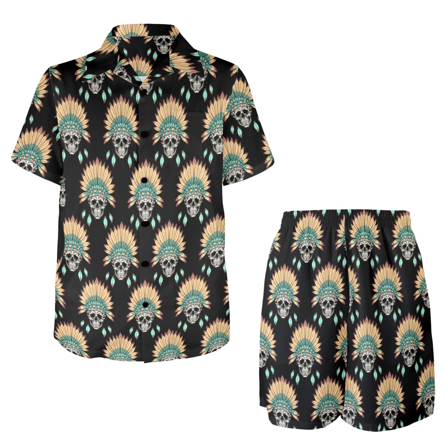 American indian Skull Pattern Men's Beach Shirt and Shorts Set