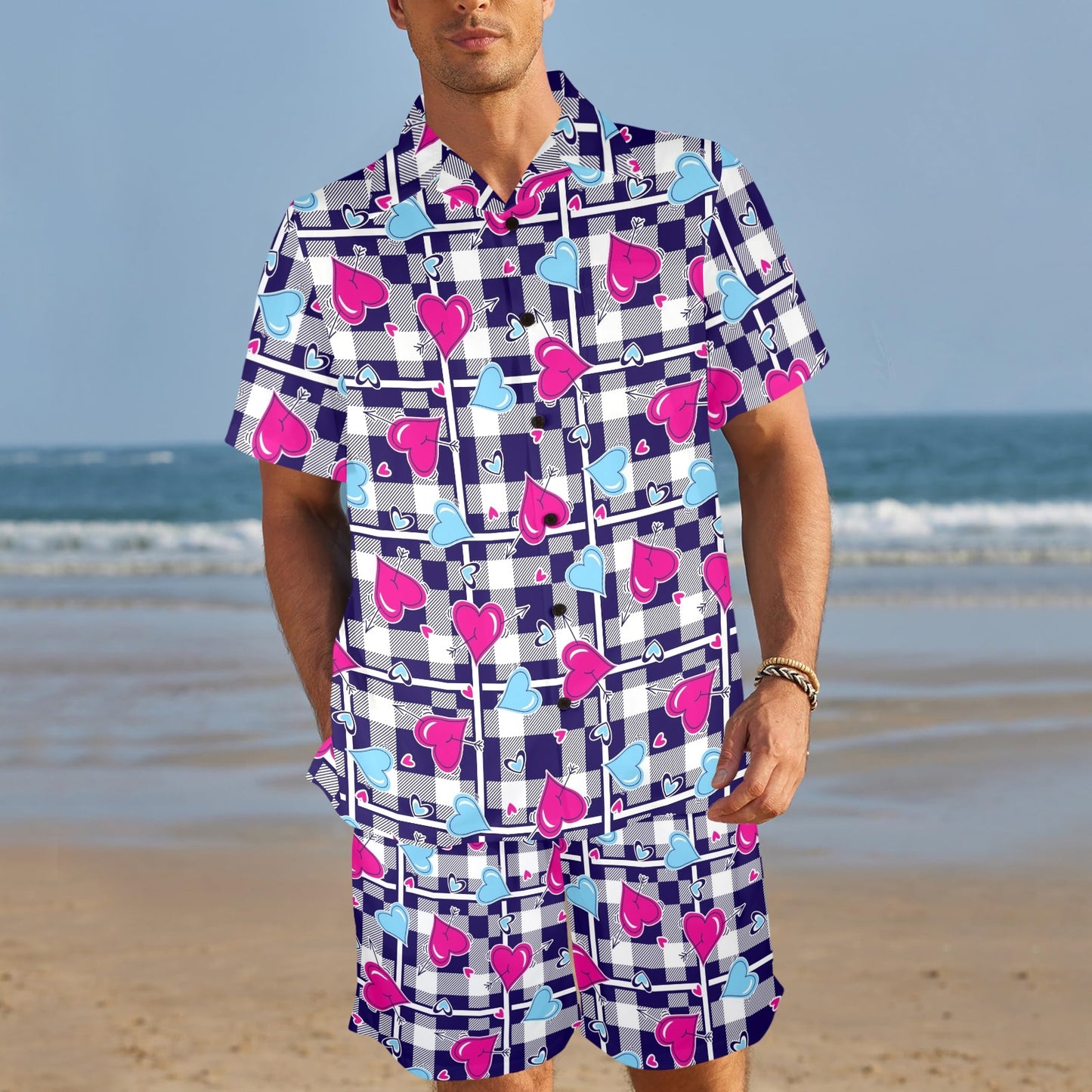 Heart Design Print Pattern JJ0335 Men's Beach Shirt and Shorts Set